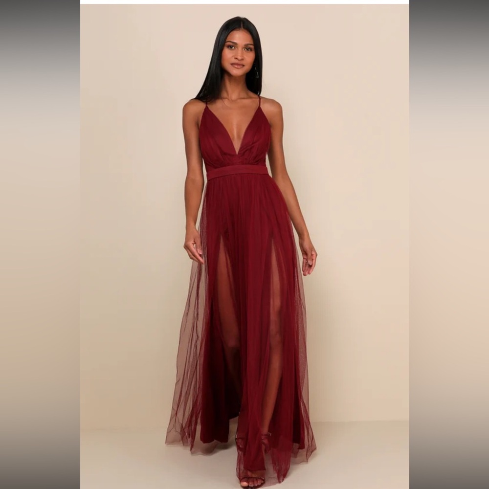 Rare Beauty Burgundy Tulle Backless Maxi Dress